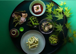 Snack tray by @leenalzaben: silken tofu, shishito peppers, cucumbers with kelp, roasted fave beans, pea puffs, green tea puffed okra, green beans & lotus root